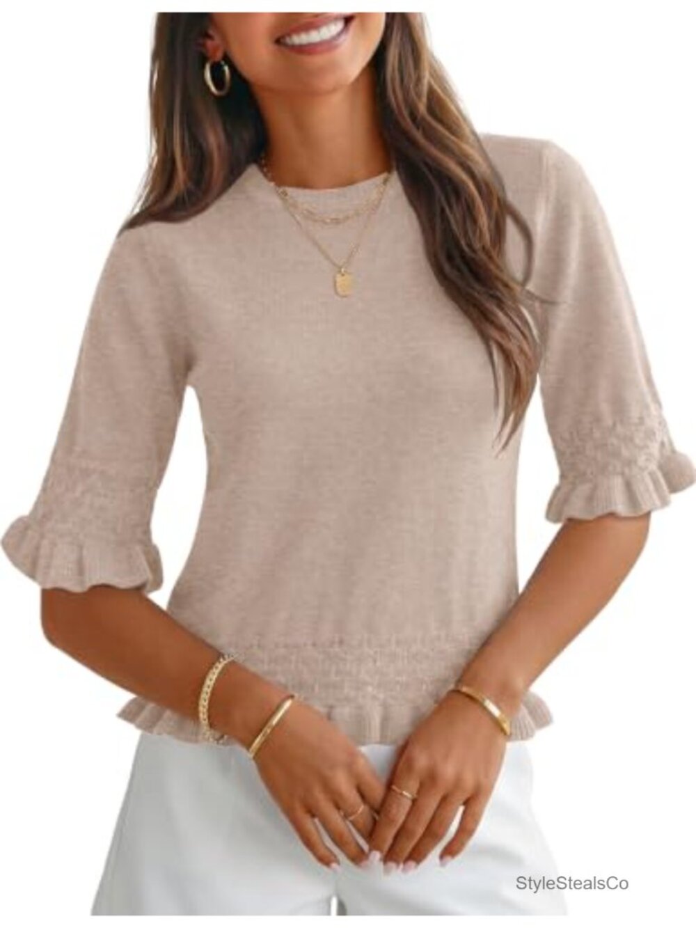 Womens 3/4 Sleeve Sweater Crewneck Peplum Knit Pullover Top